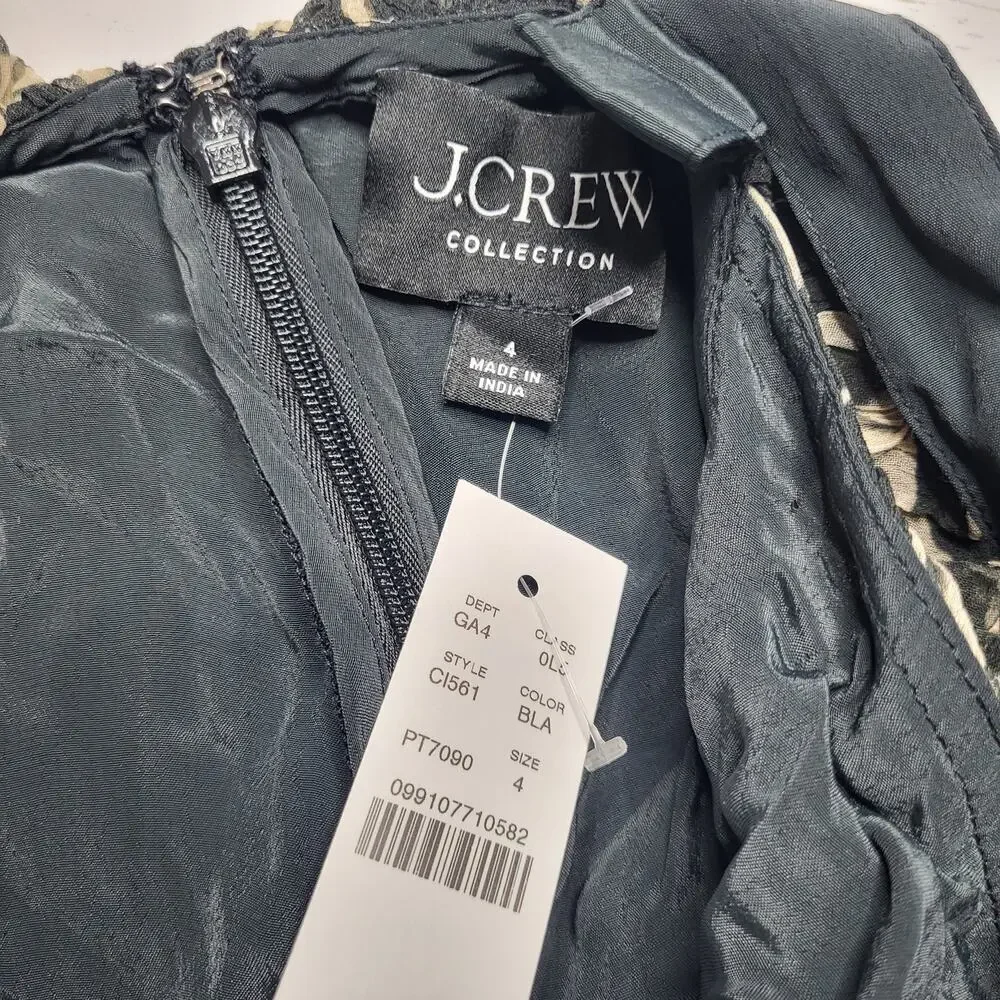 J Crew Collection Ruffle Trim Chiffon Midi Dress Black Tan V Neck Straps Small 4